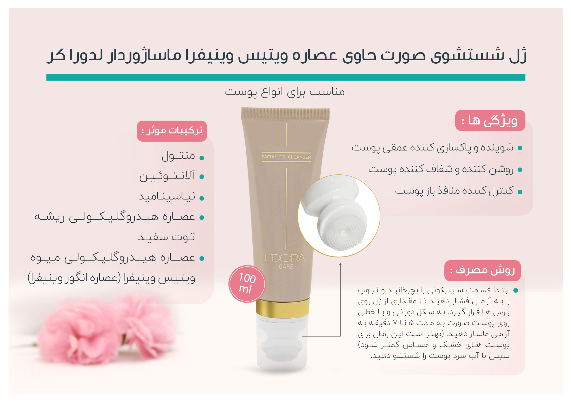 ژل شستشوی صورت حاوی عصاره ویتیس وینیفرا ماساژوردار ۱۰۰ میلی لیترپنبه ریز