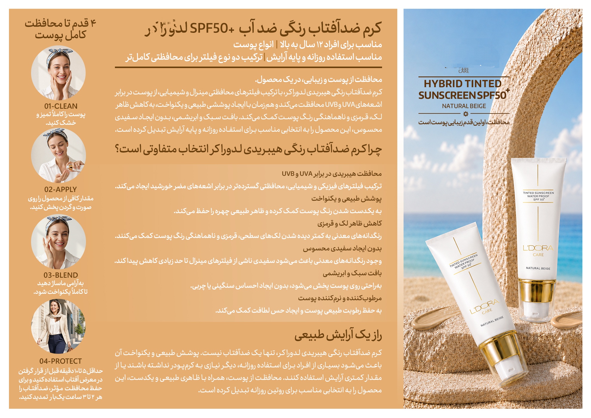کرم ضدآفتاب رنگی ضدآب SPF 50+ مناسب انواع پوست (بژ طبیعی )پنبه ریز